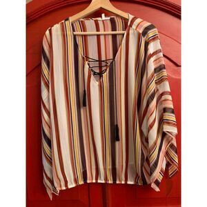 Maurice's Large Sheer Striped Summer Shirt Tie Neck Bell Sleeve Elastic Bottom